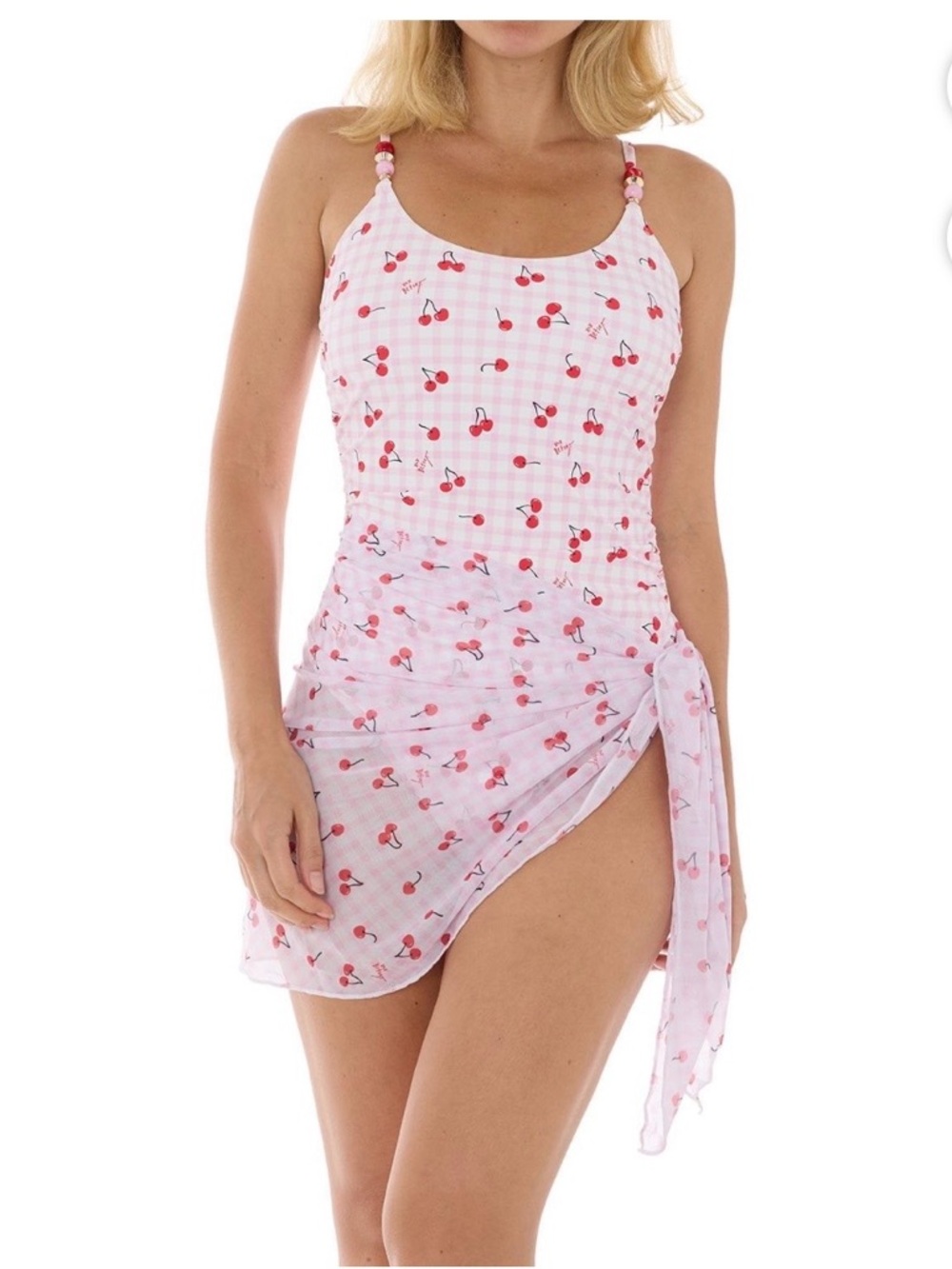 Betsey Johnson 2x One Piece Cherry Swimsuit w/ Waist Scarf